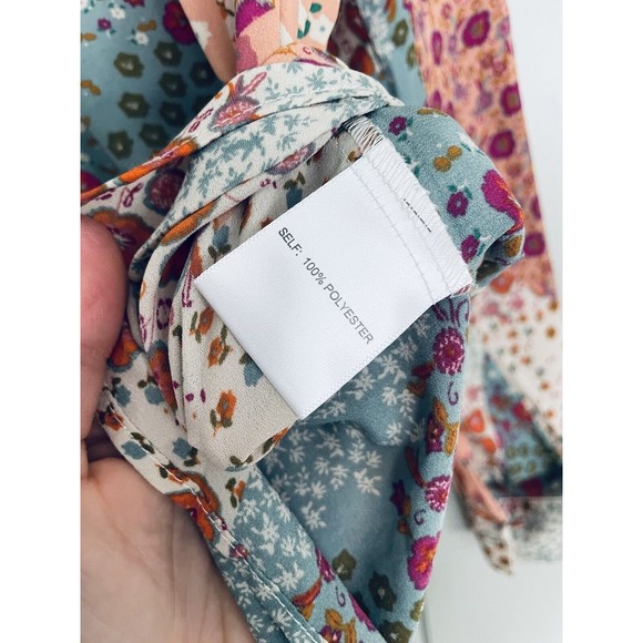 Rose & Olive Top M Medium Patchwork Button Front Chiffon Smocked Back Pink - Picture 4 of 7